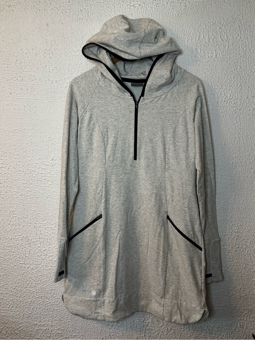 Athleta Light Gray Long Sleeve Hooded Tunic with Black Trim